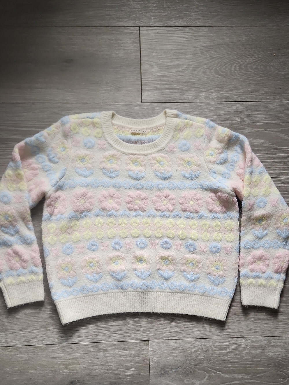 Cottagecore Copper Key Pastel Floral Fair Isle Knit Crewneck Sweater